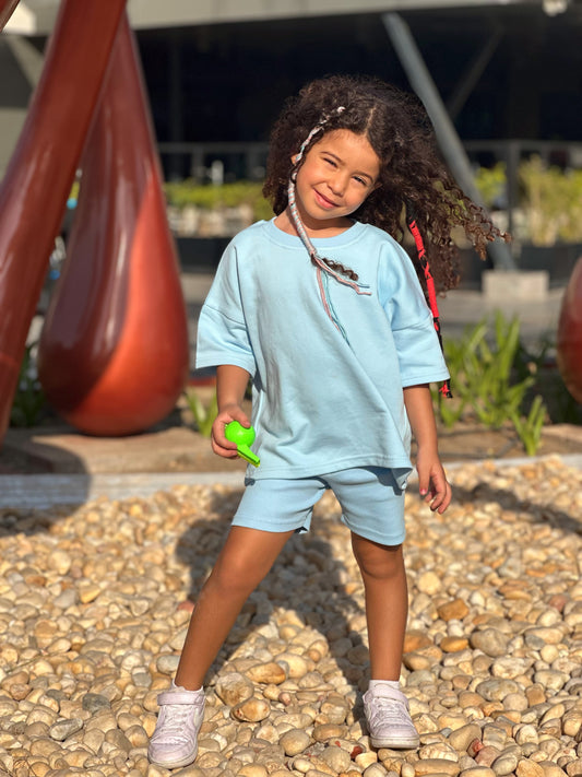 Baby Blue Short Sleeves Set with Biker Shorts.
