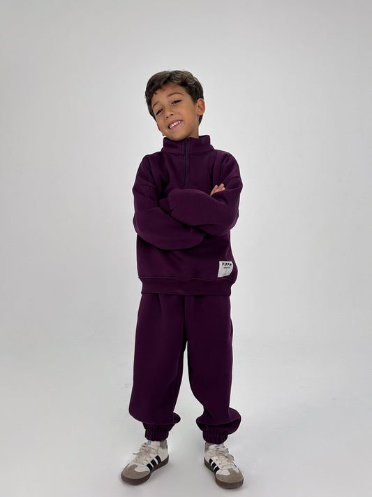 Dark Purple Fleeced Zipper Sweatshirt Set